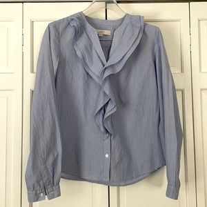 Loft Button Up Ruffled Top, XS PETITE, Light blue